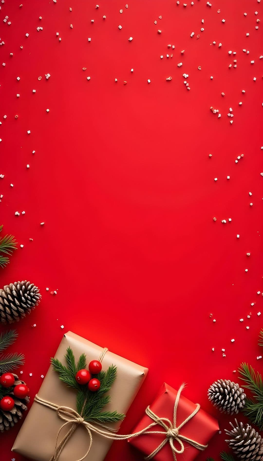 Christmas presents with festive decor on red background