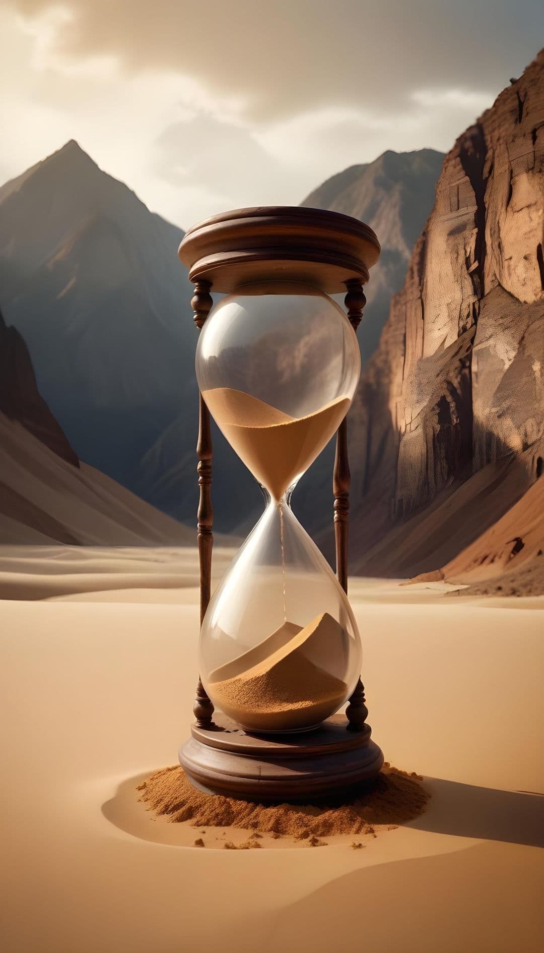 A desert with sand dunes, mountains, and an hourglass