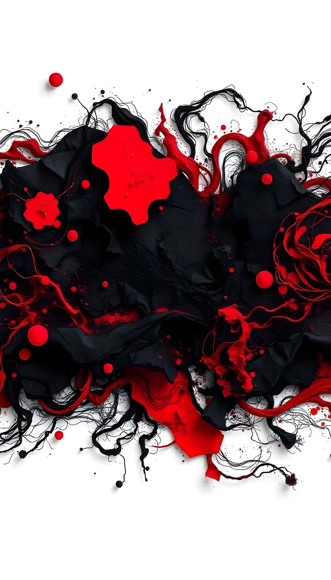 Bold swirls and splatters of red and black on white
