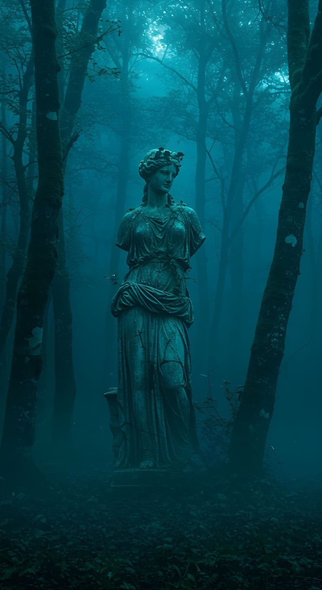 Mystical forest with teal mist and a weathered stone statue.
