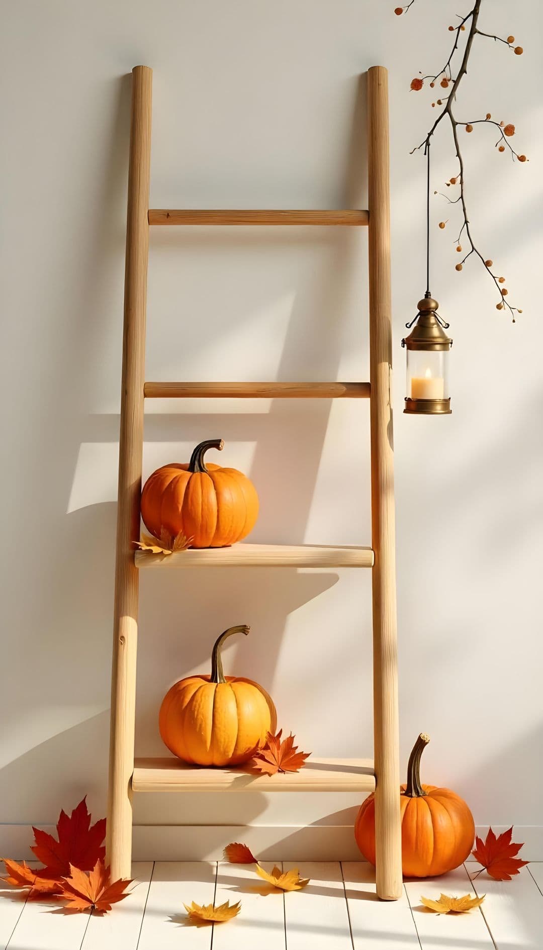 Wooden ladder with pumpkins, branches, lantern, and autumn leaves