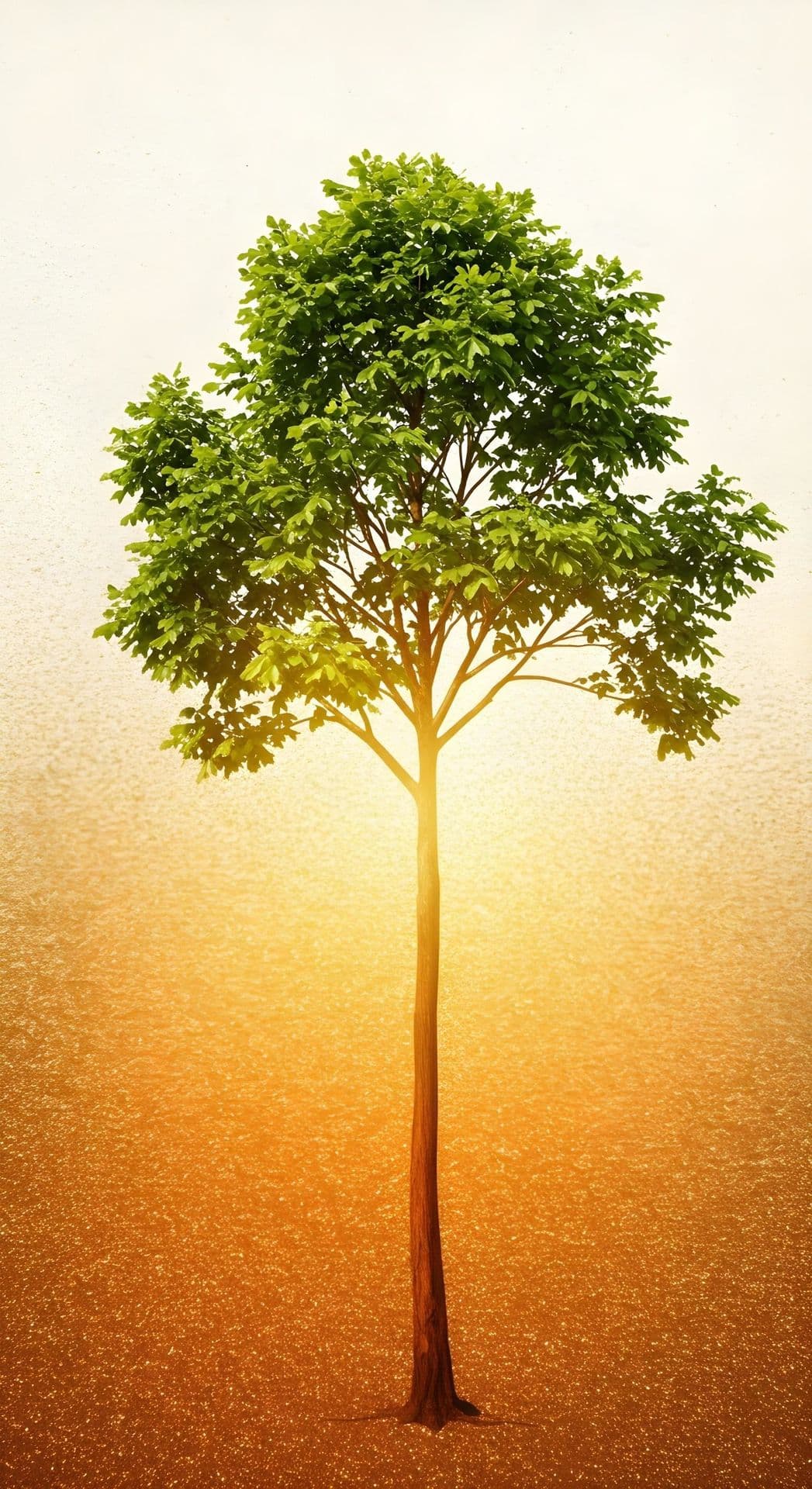 Single tall tree with green leaves against a gradient background from yellow to brown.