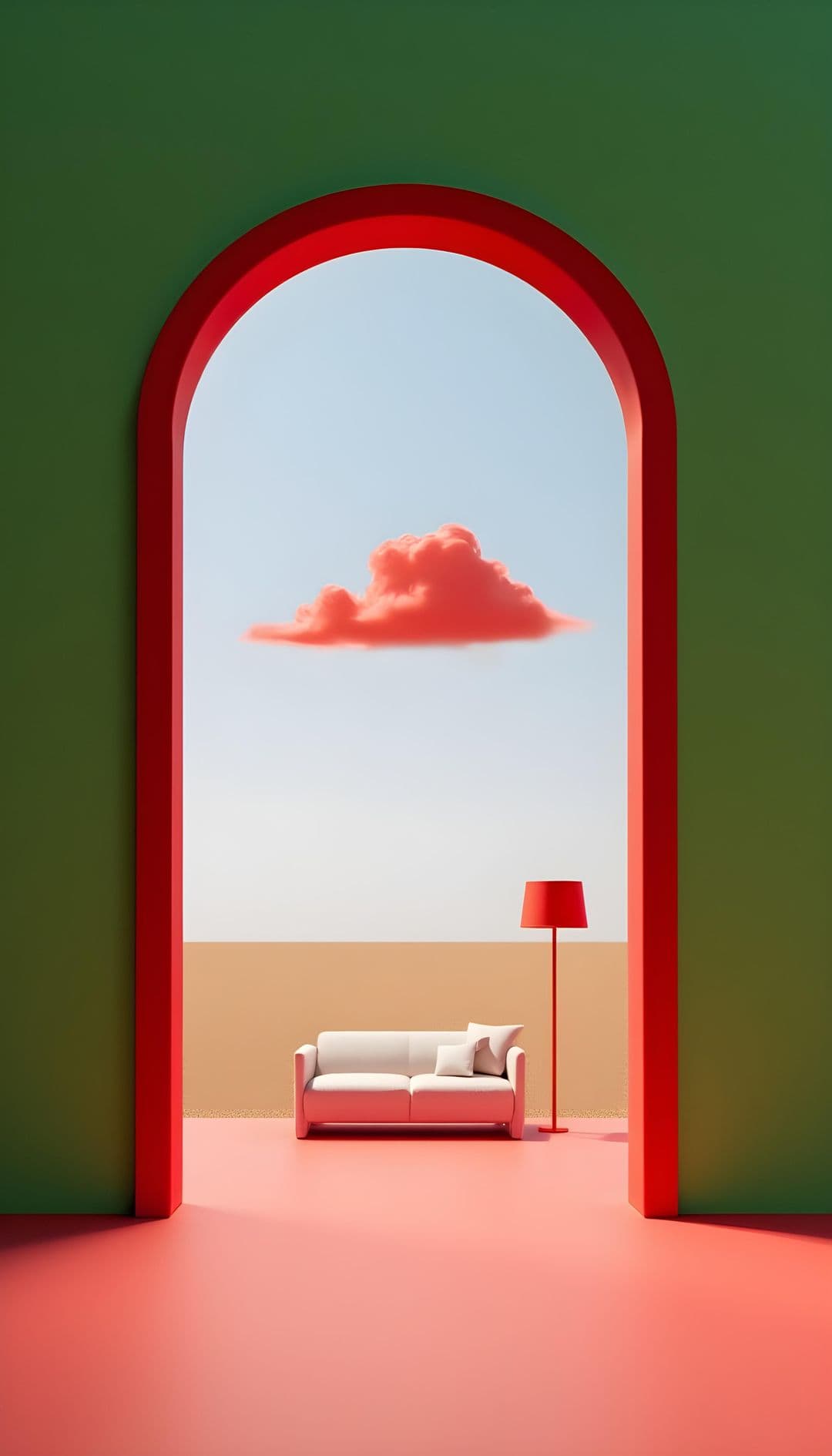 Minimalist interior with a large red archway, pink cloud, white sofa, red floor, and lamp.