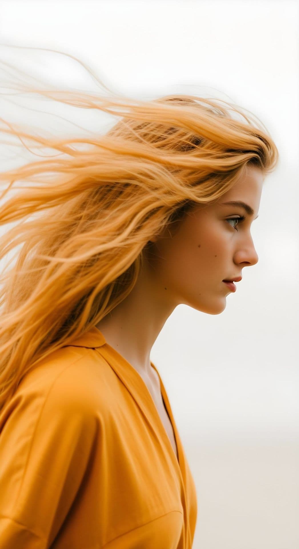 Blonde woman in profile with orange top