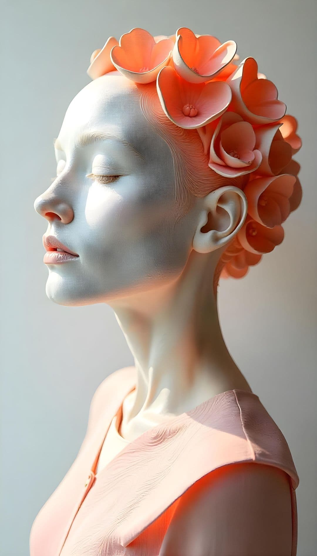 Woman with closed eyes, adorned with sculptural flowers in coral and peach.