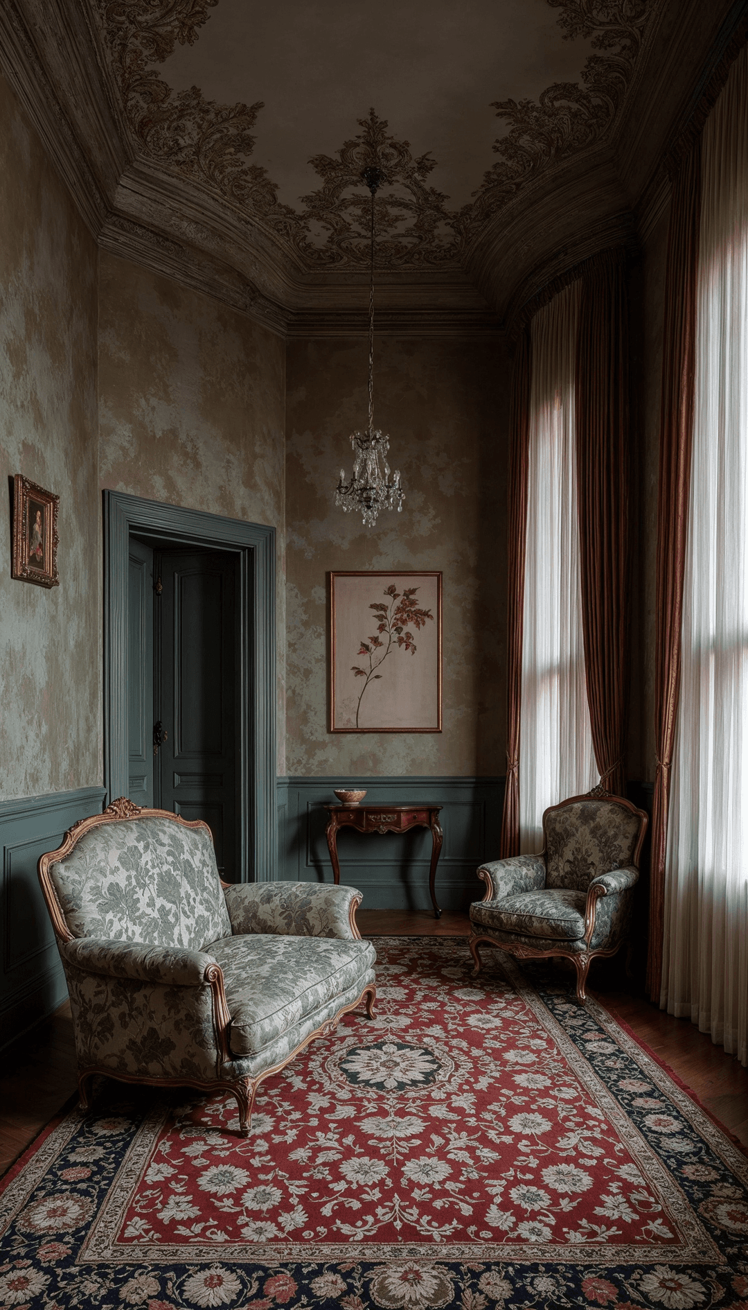 Ornate vintage sitting room with patterned rug, antique chairs, and crystal chandelier.