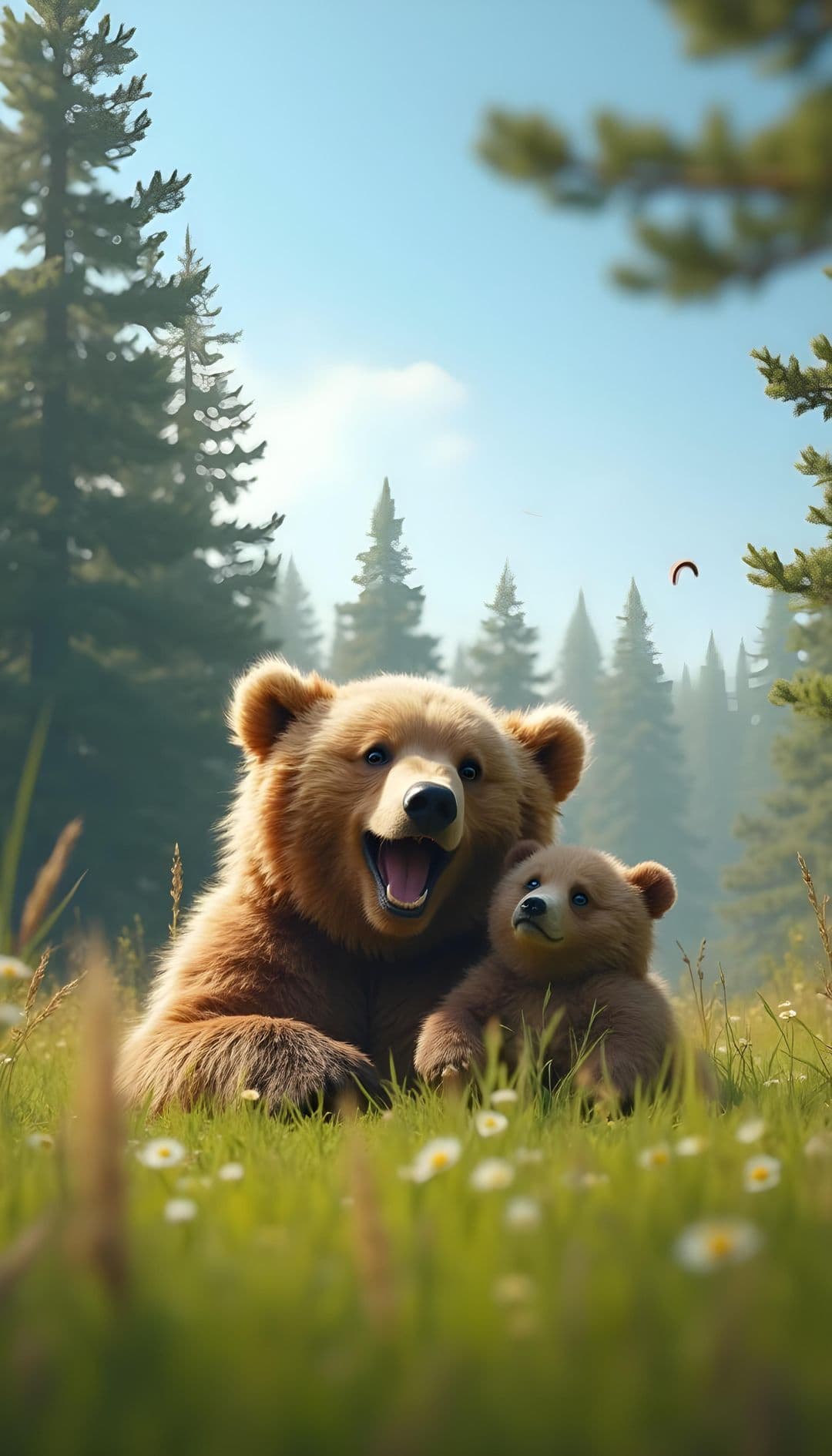 Bears playing on a meadow in the forest with wildflowers and evergreen trees under blue sky.