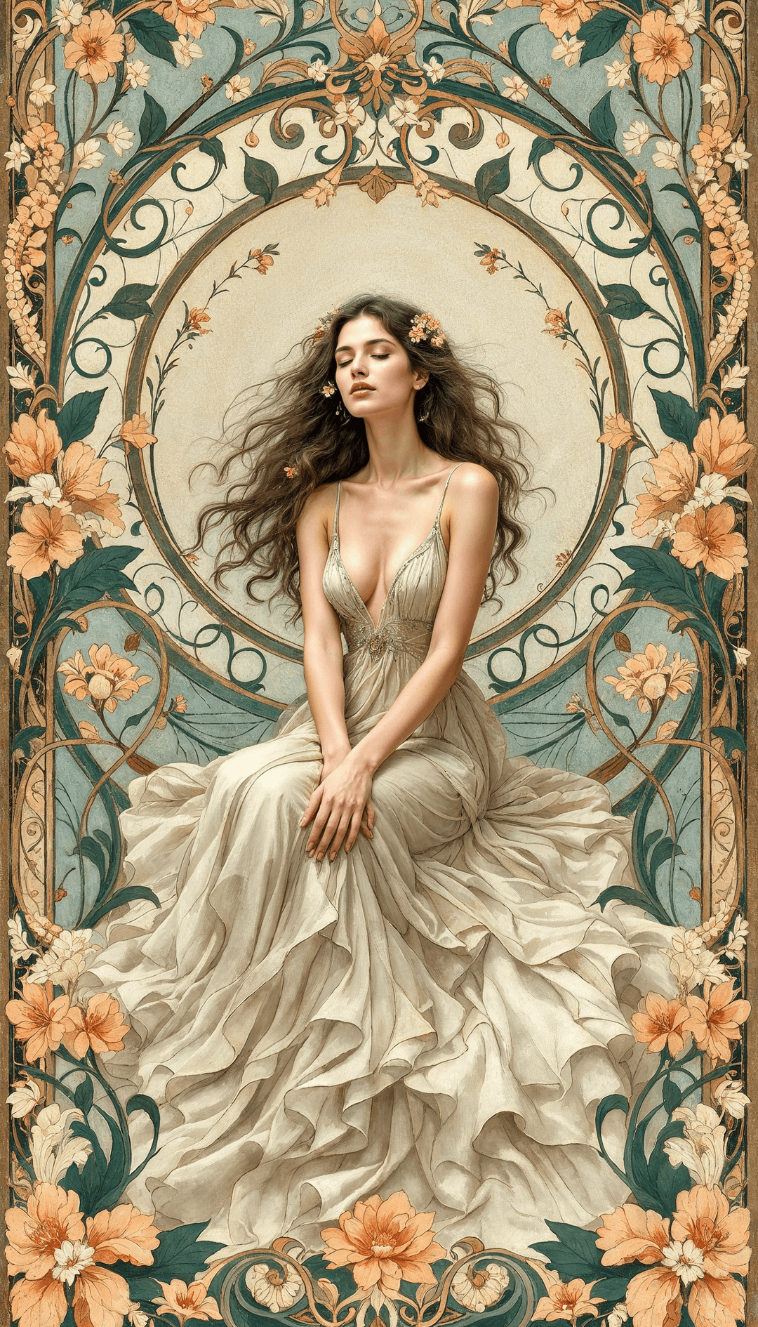 Woman in ivory gown with floral motifs in Art Nouveau style