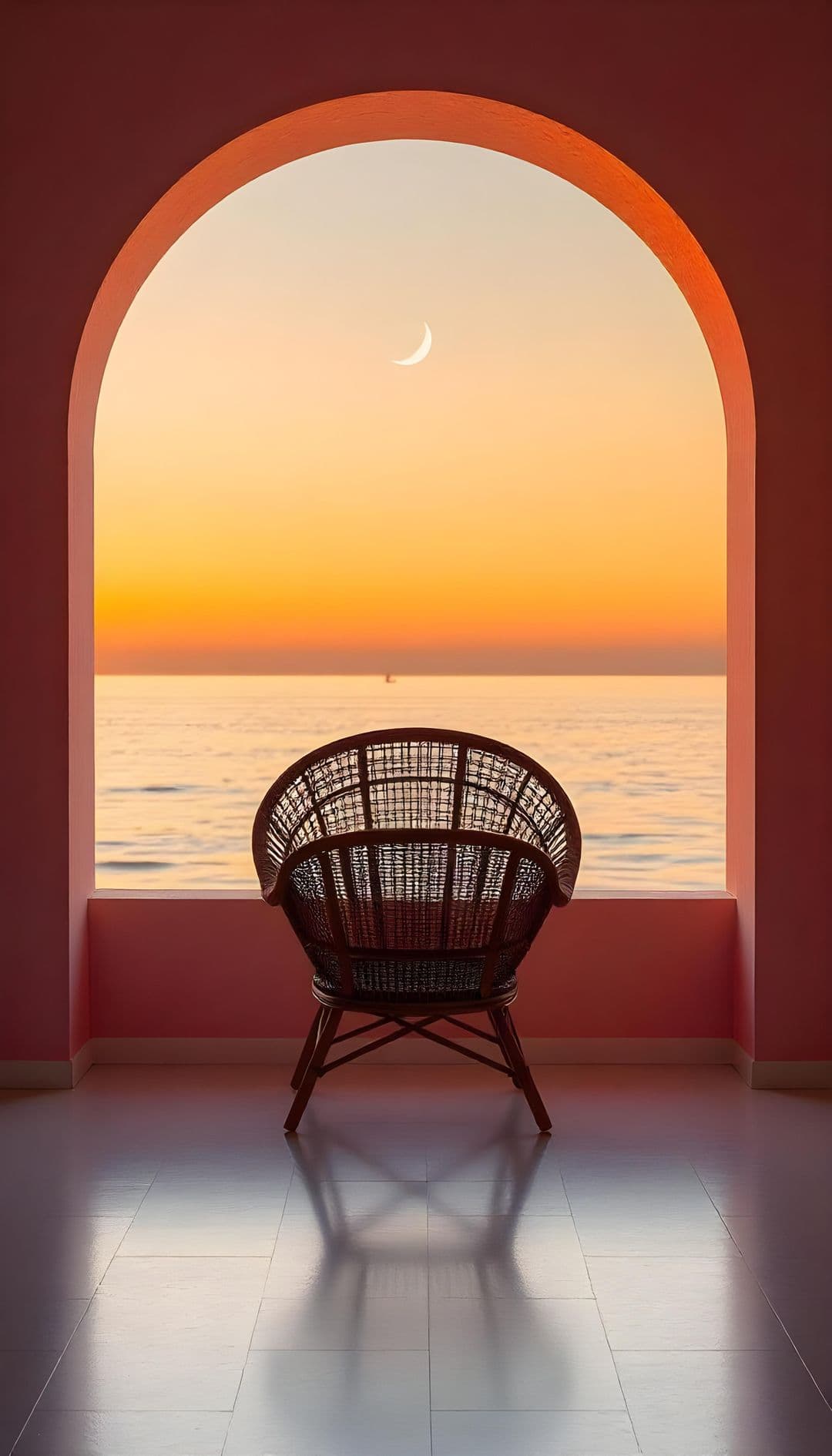 Ocean sunset view through large arched window with wicker chair