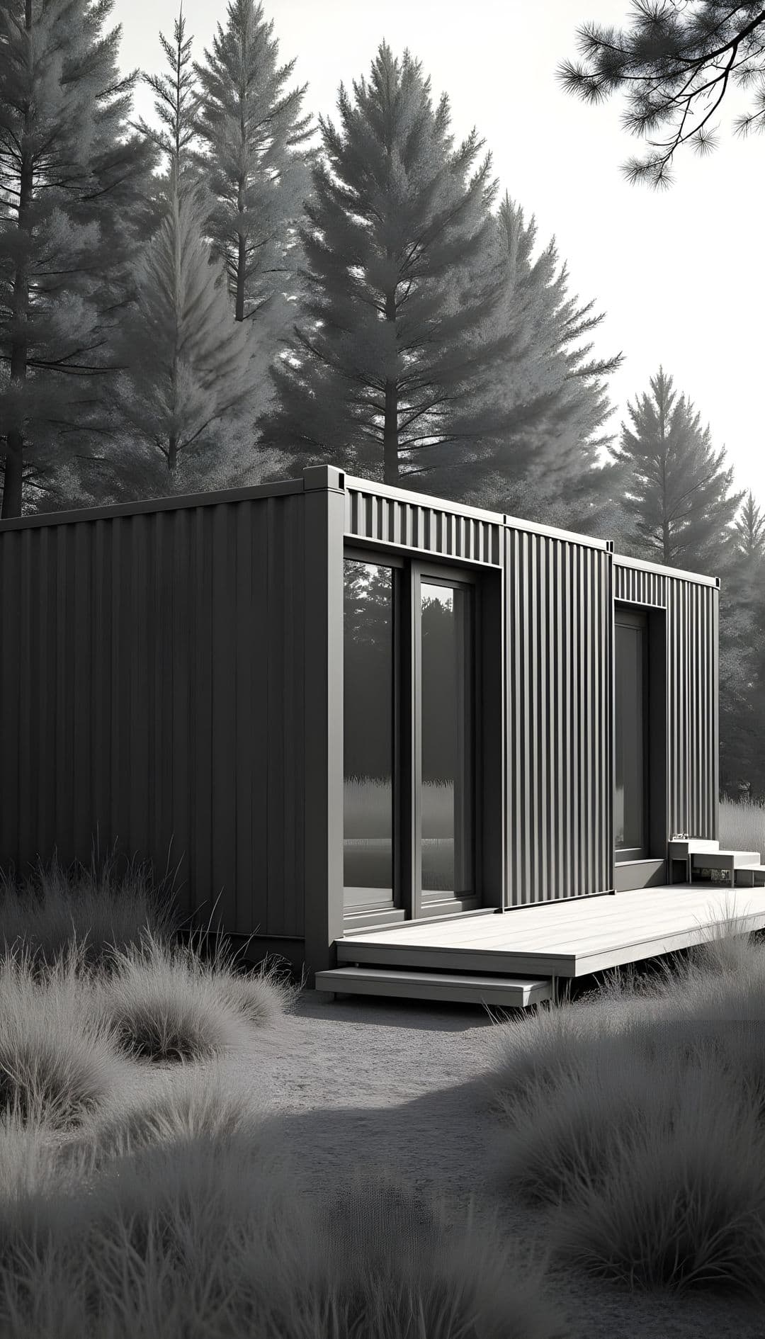Minimalist cabin made from shipping containers in a misty forest.