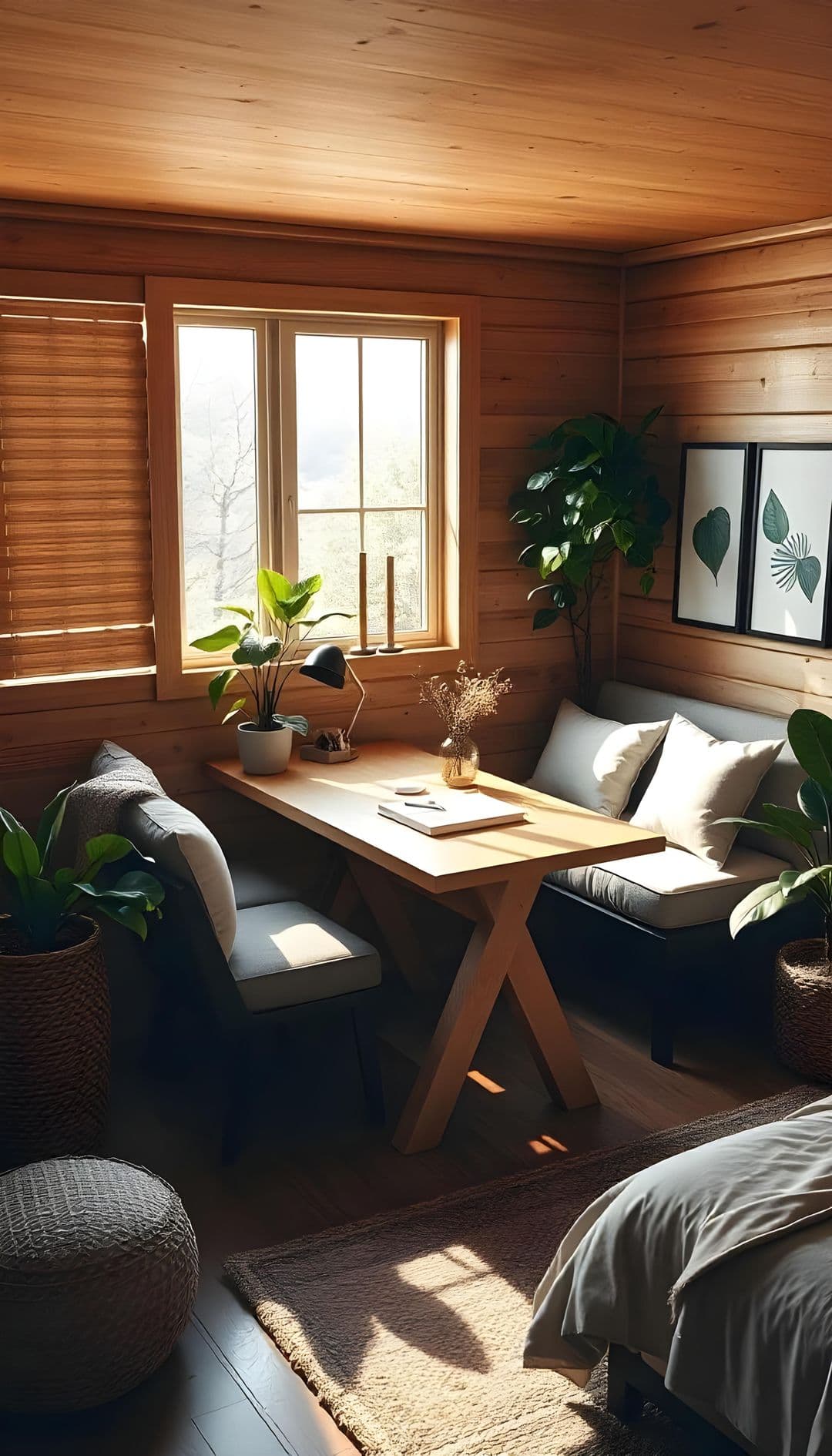 Cozy cabin room with warm lighting, wooden desk, plants, books, and cushions.