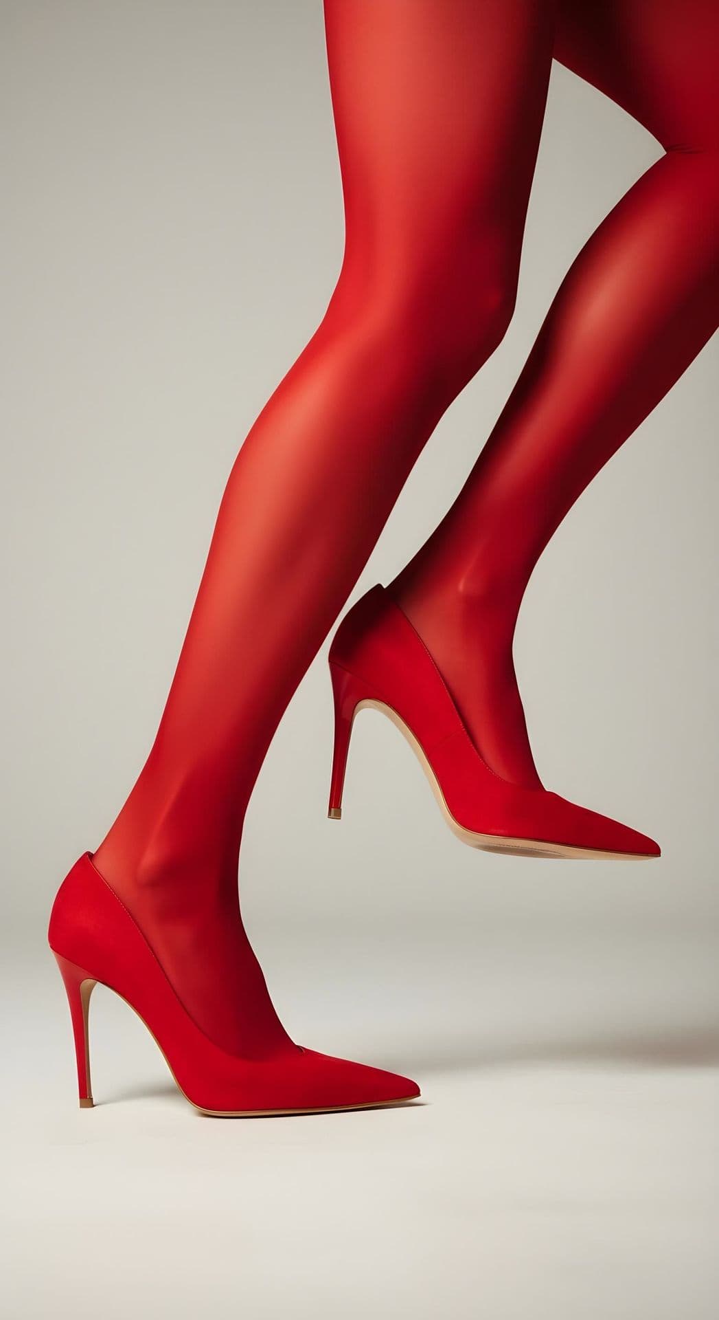 Legs in red sheer tights and high heels against a neutral background.