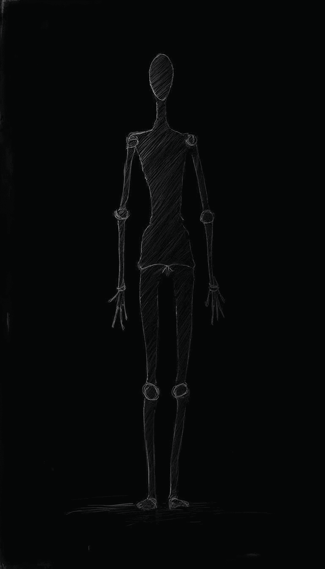 A black and white sketch of a tall mannequin with long limbs and neck.