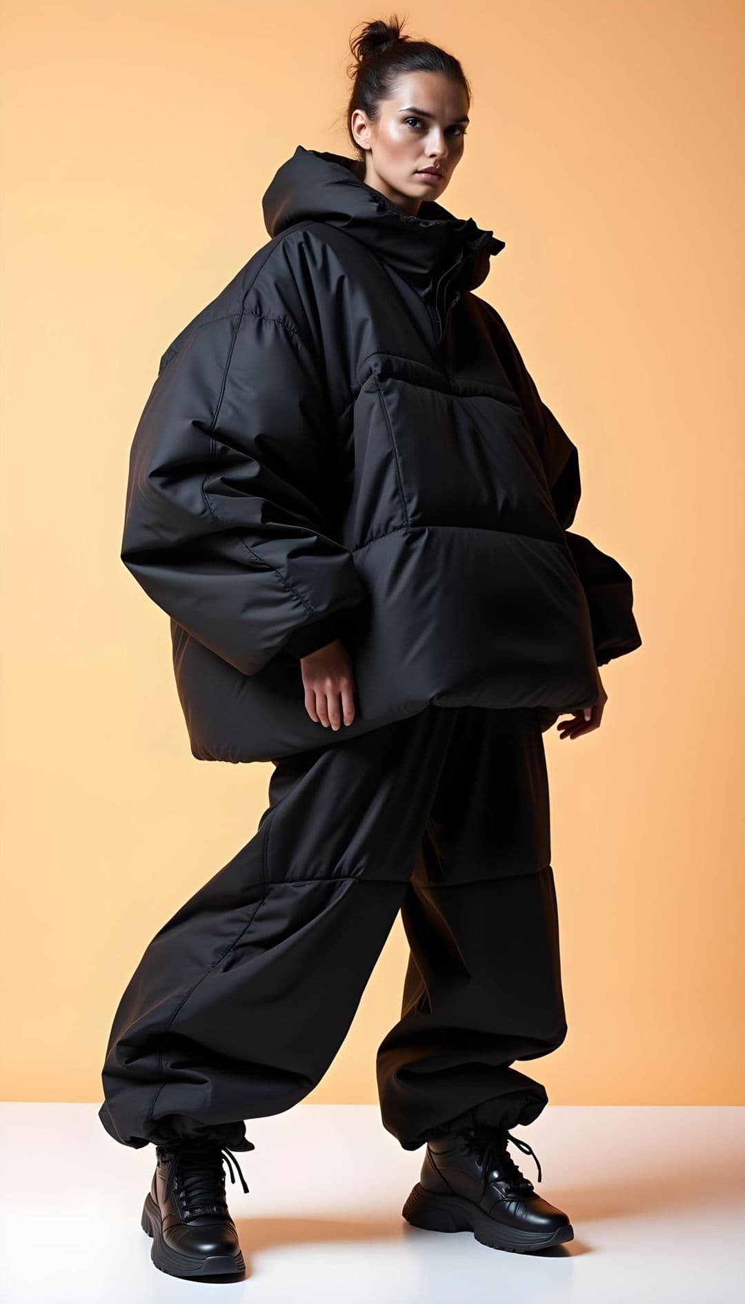 Person in oversized black jacket on peach background