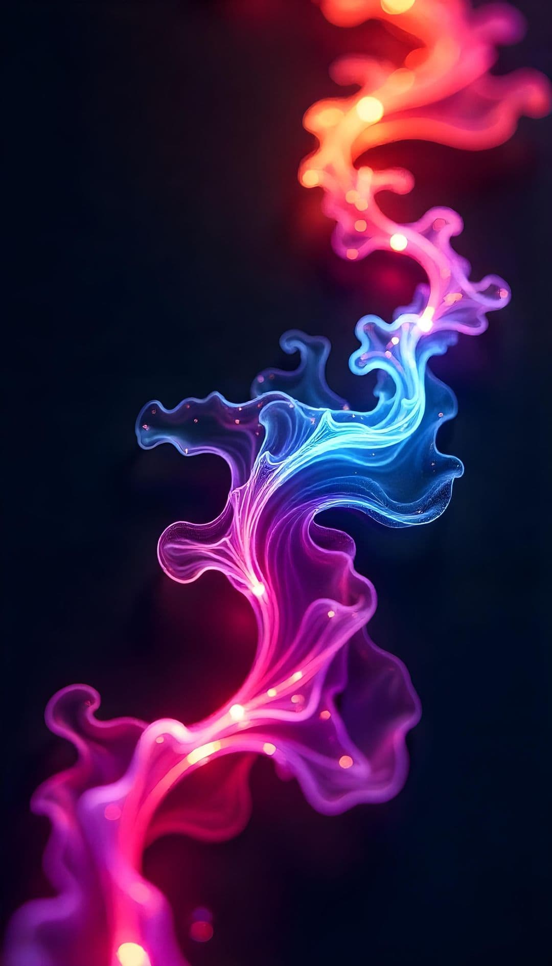 Swirling neon light waves against a dark background