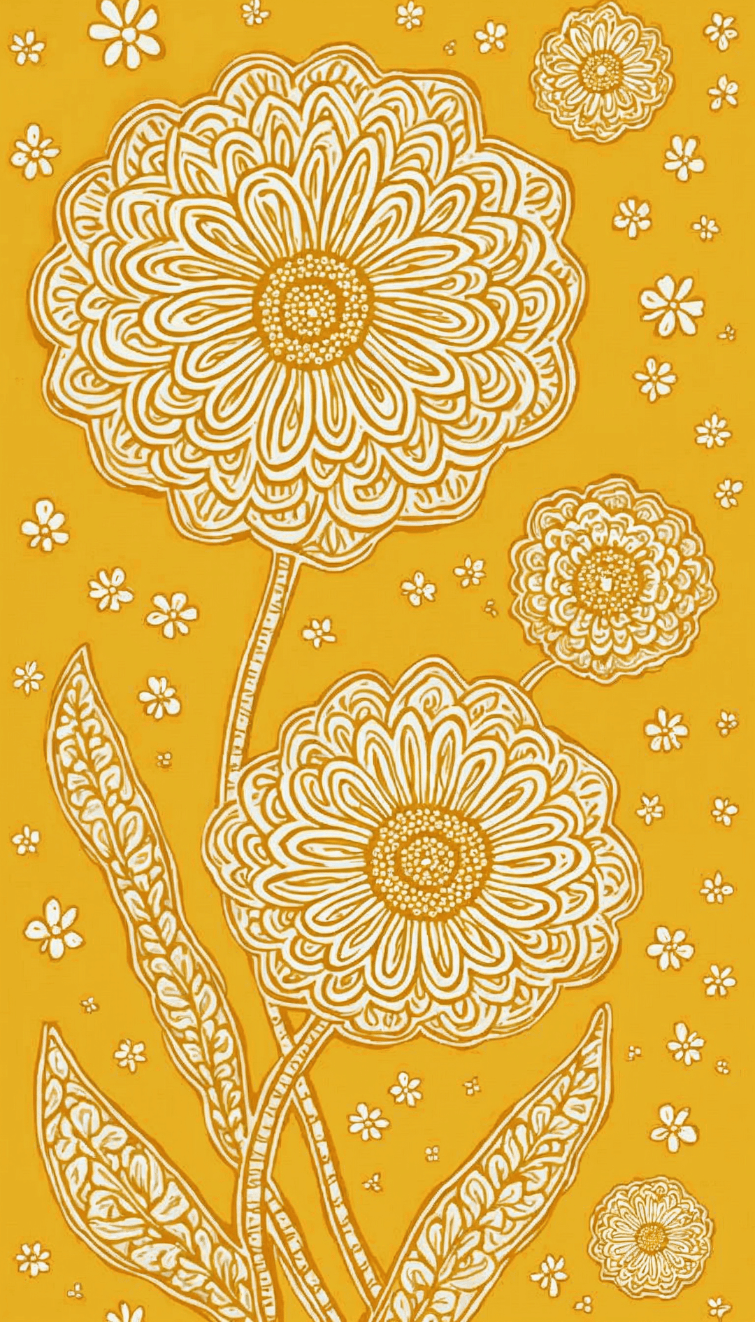 A retro-inspired floral illustration with large white flowers and a mustard yellow background.