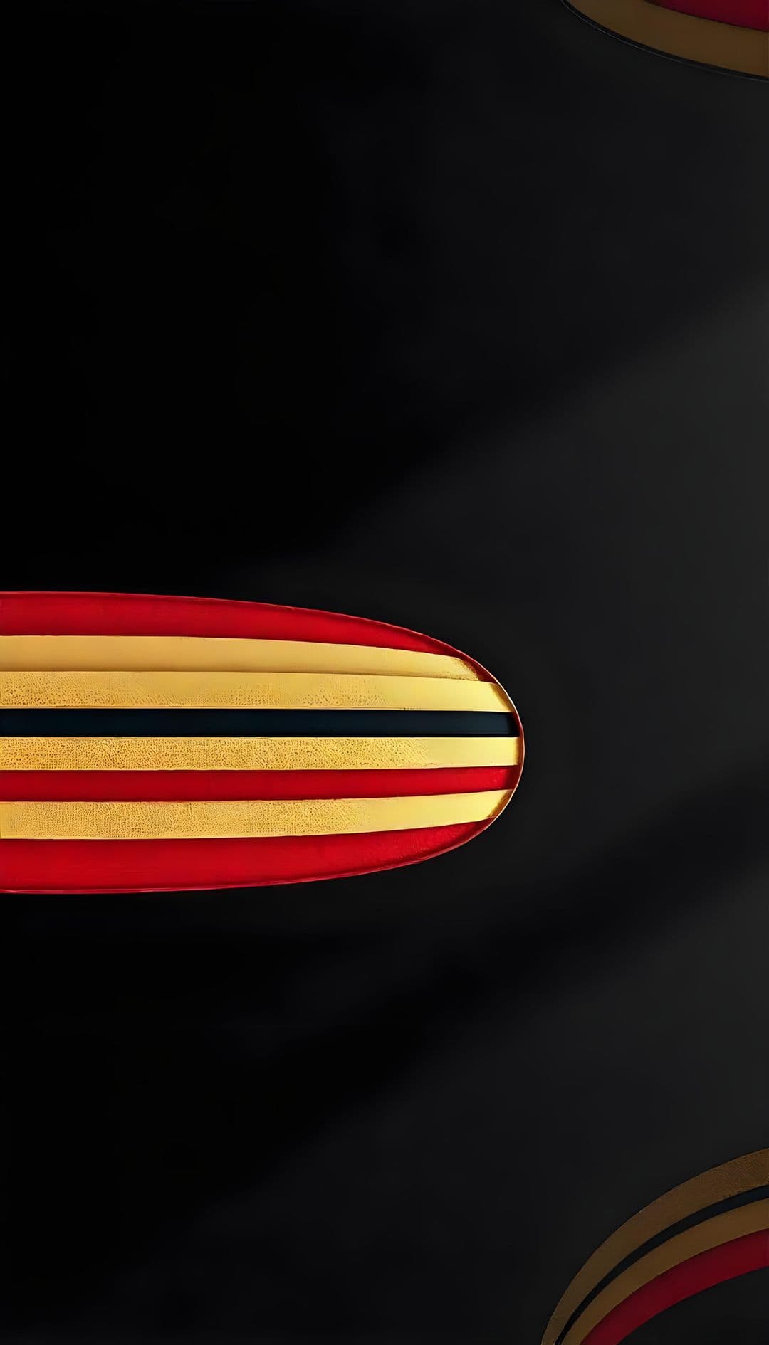 Sleek design with bold horizontal stripes on ovals in red, gold, and black.