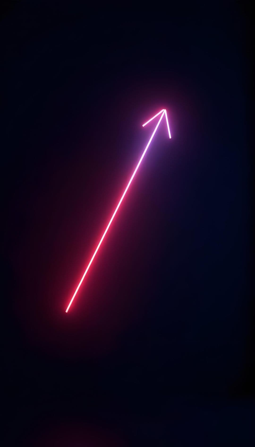 A neon pink arrow with a bright glow on a dark blue background, pointing upward.