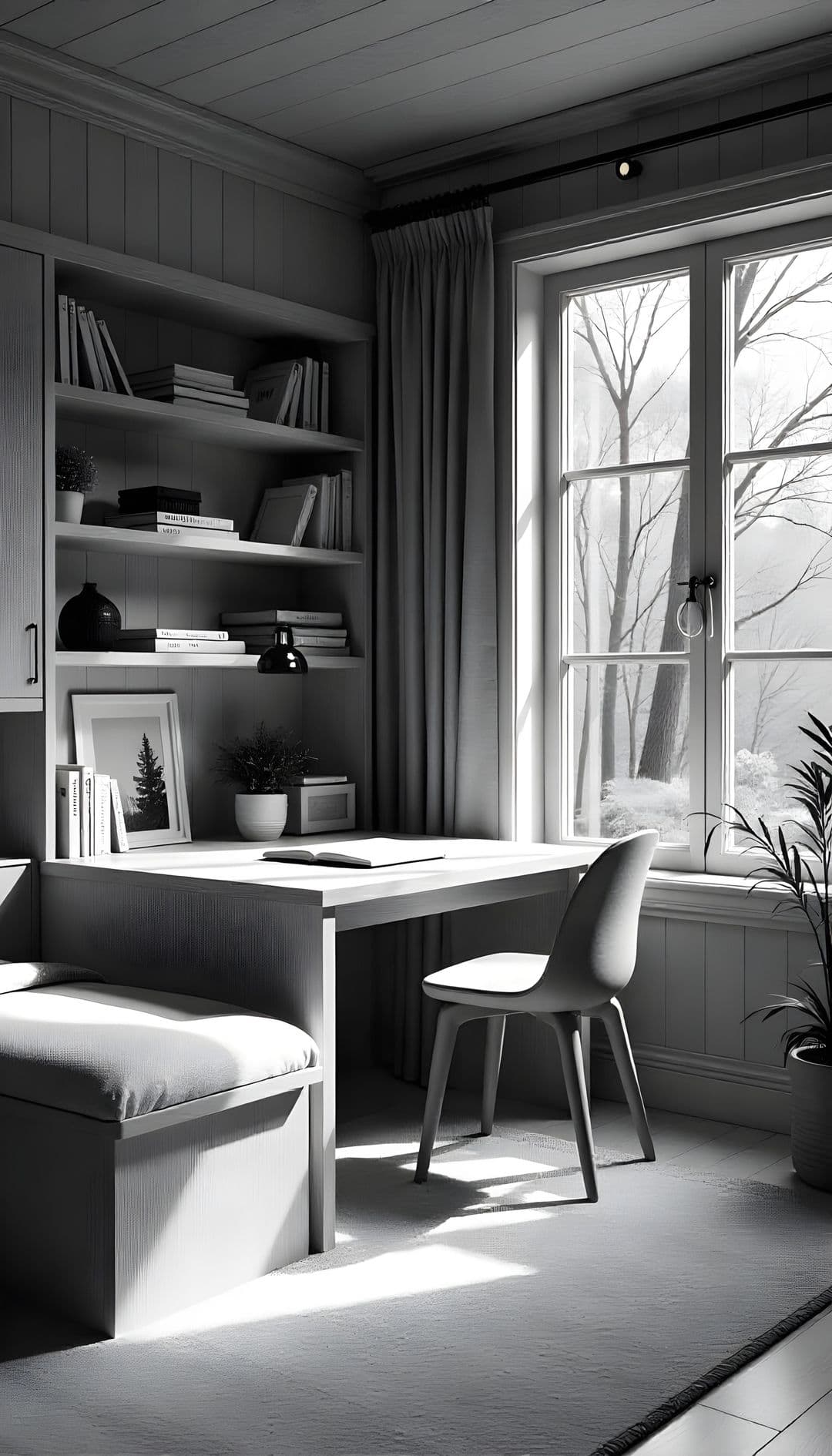 Monochromatic study room with window, desk, bookshelves, plants, and art.