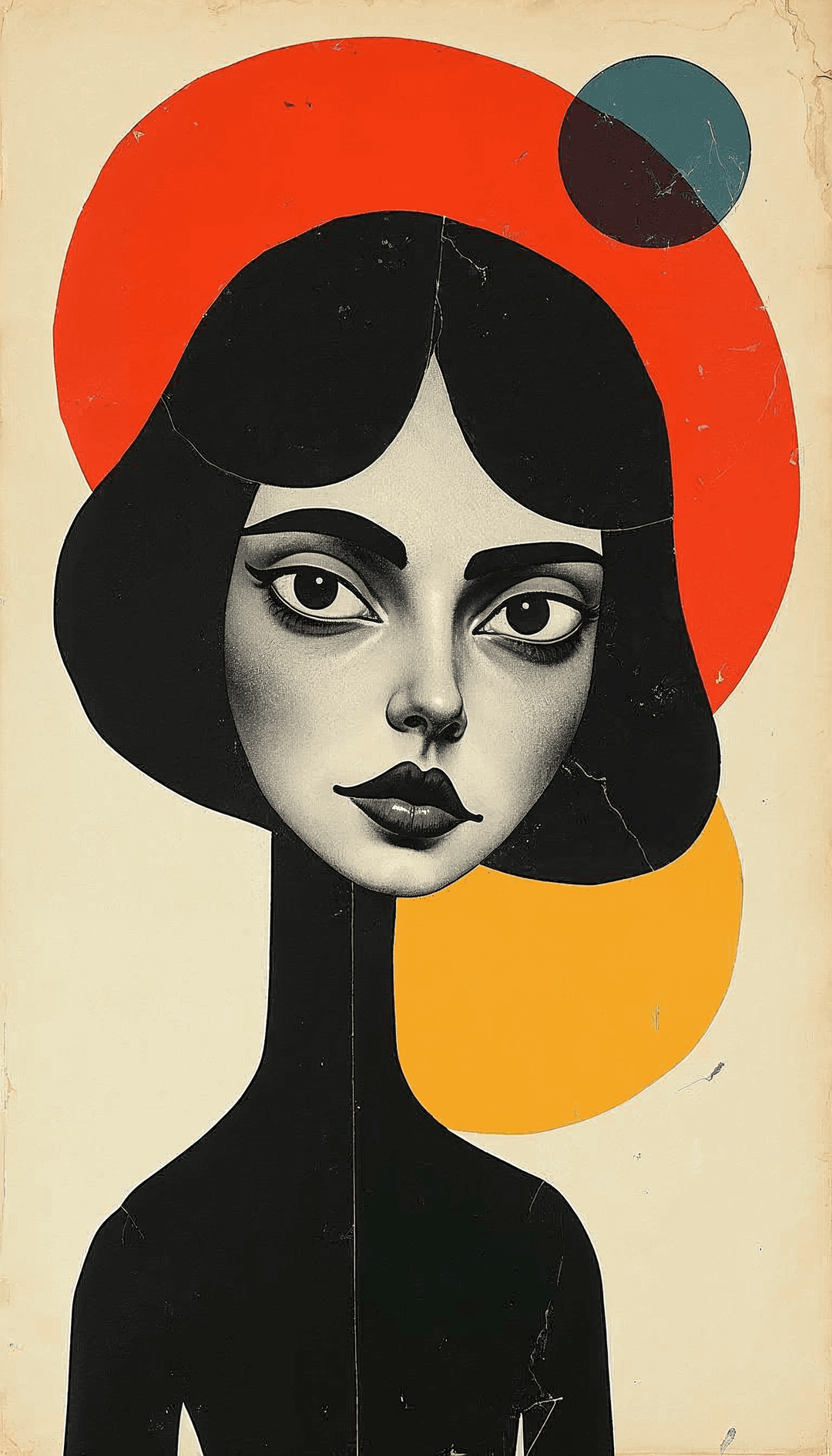 Surreal portrait of a woman with elongated neck and oversized eyes against an abstract background.