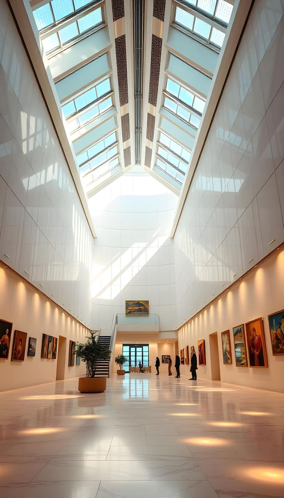 Spacious art gallery with skylights, artworks, and visitors.