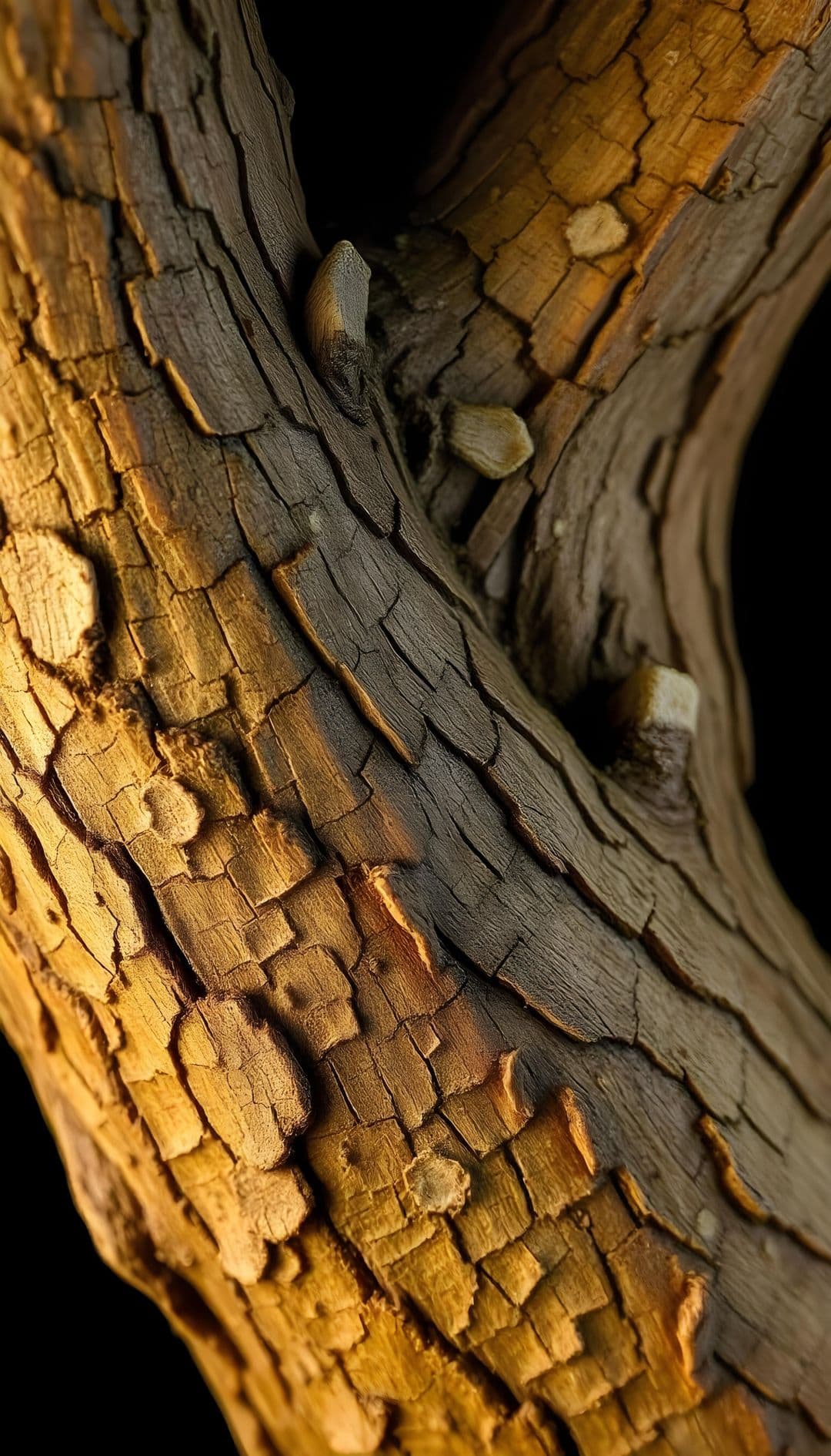Close-up view of illuminated tree bark with intricate textures and shadows.