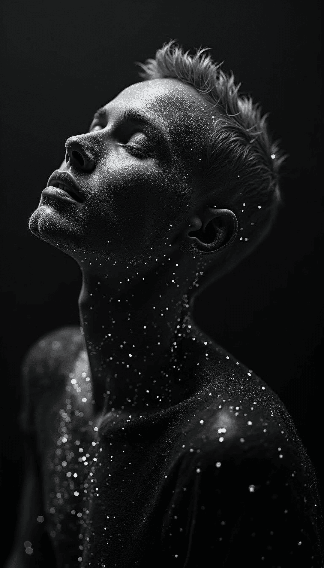 Monochrome portrait with silver glitter on face