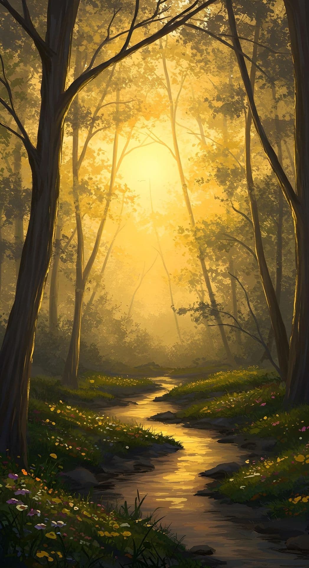 Serene forest scene at sunrise with sunlight filtering through trees.