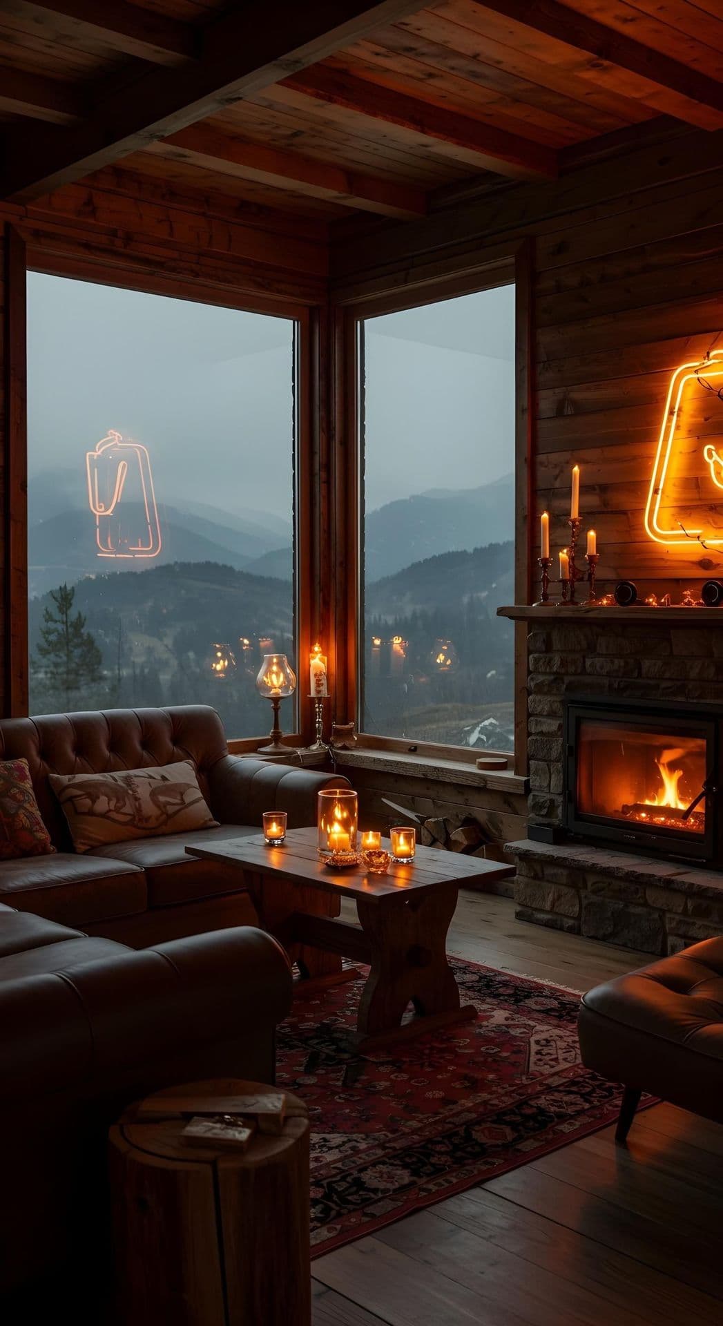 Interior of cabin with wood walls, large windows, fireplace, leather sofas, neon art, candles, and rug.