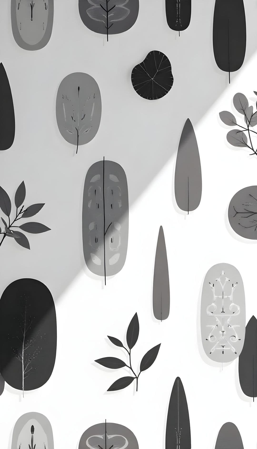 Stylized leaves and plant forms in blacks, grays, and whites with diagonal light-shadow division.