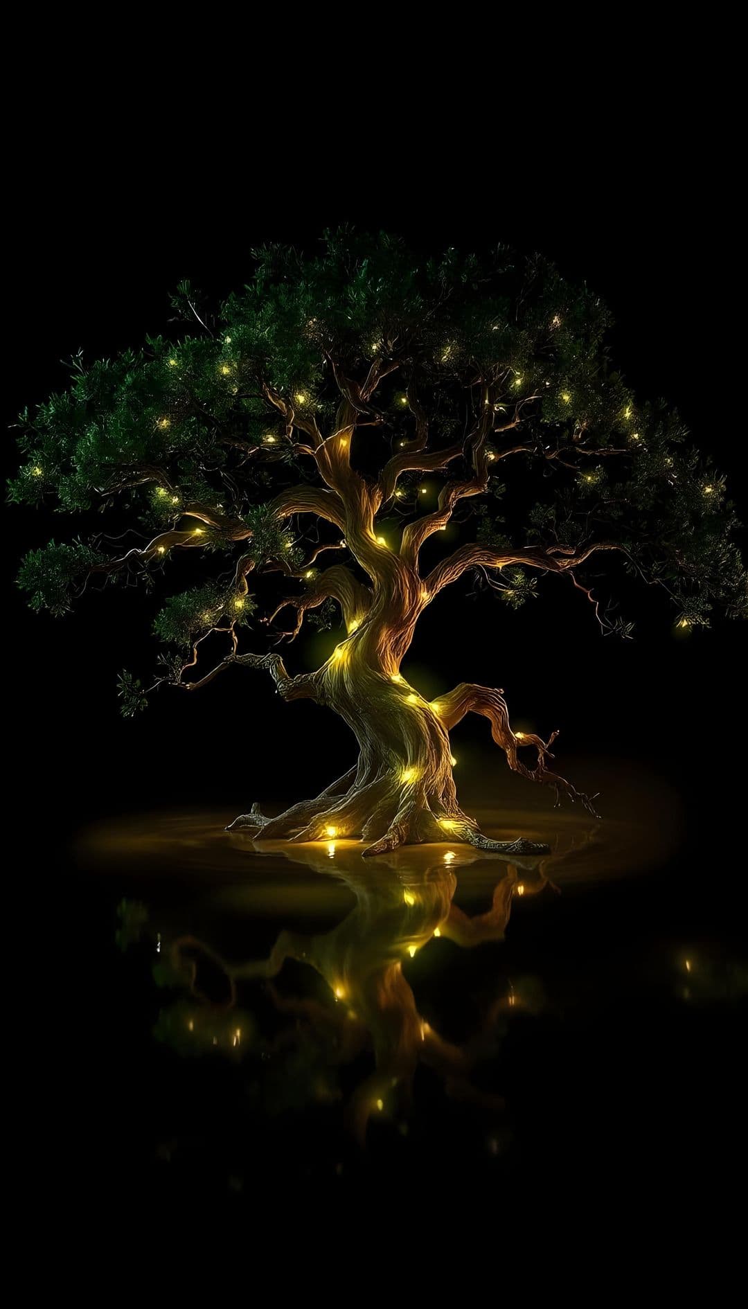 Magical ancient tree with glowing lights on dark background