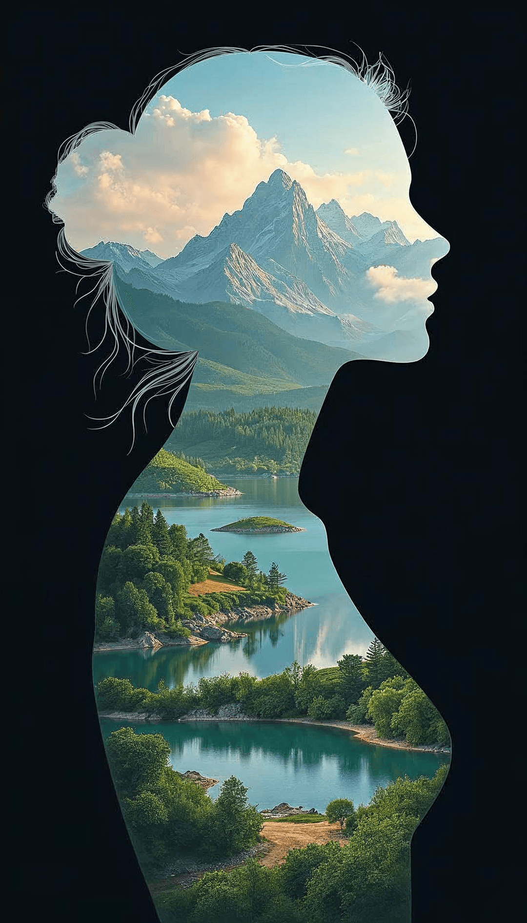 Silhouetted female profile with embedded landscape scene