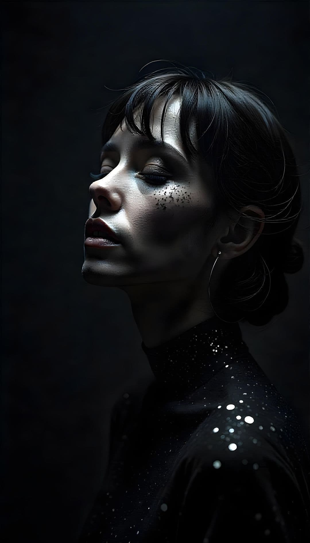 Portrait of a woman with closed eyes, softly lit from one side, dark background.