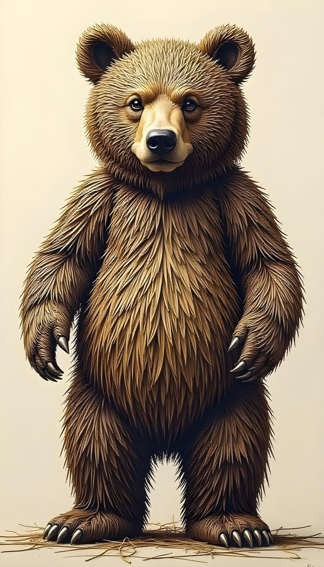 A bear cub standing upright with brown fur.