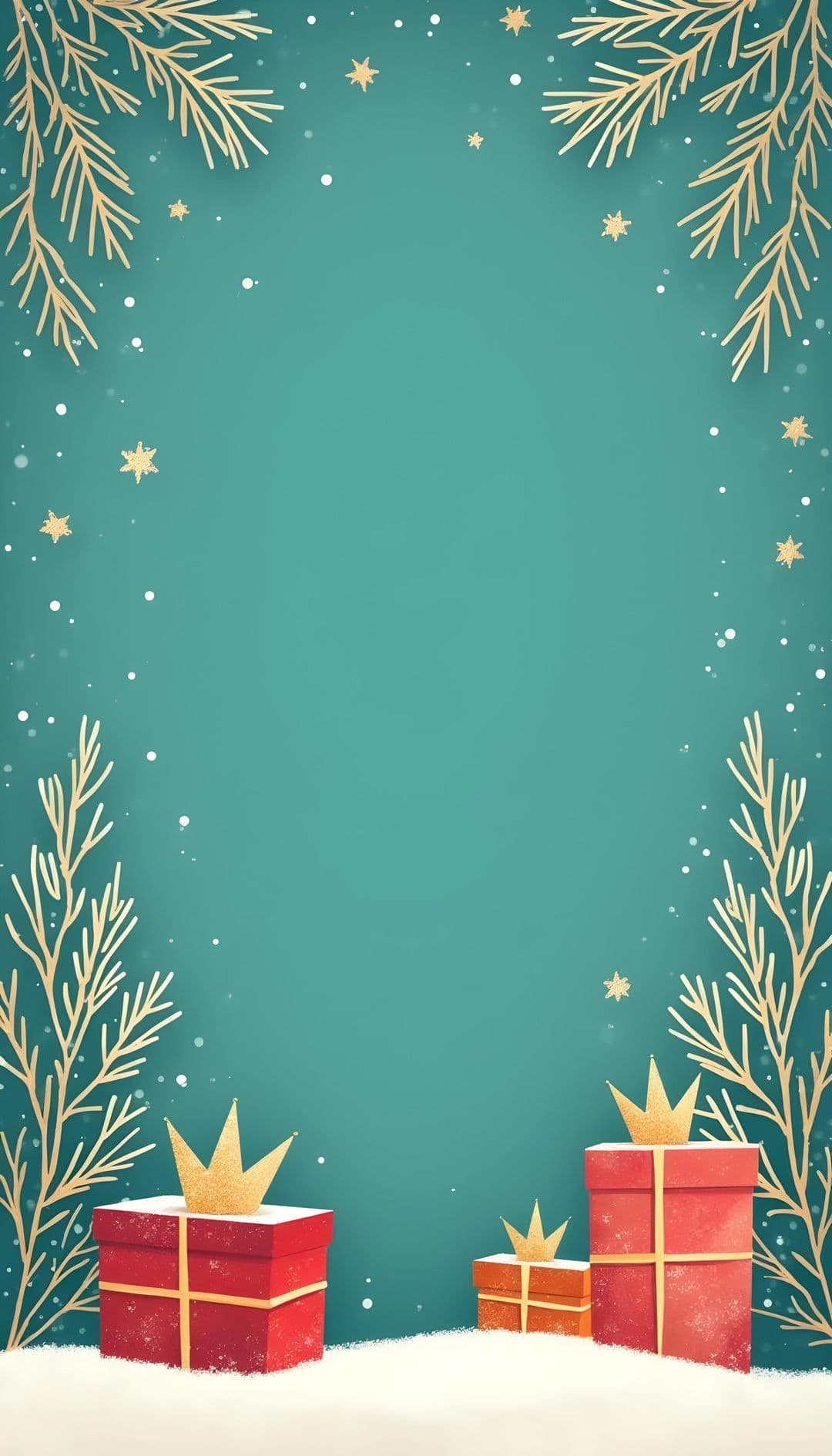 Turquoise background with gold pine branches, stars, and red gift boxes in snow.