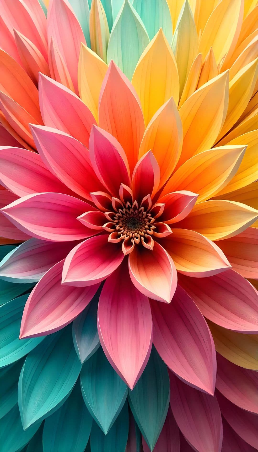 A multi-layered flower with colorful petals and detailed center