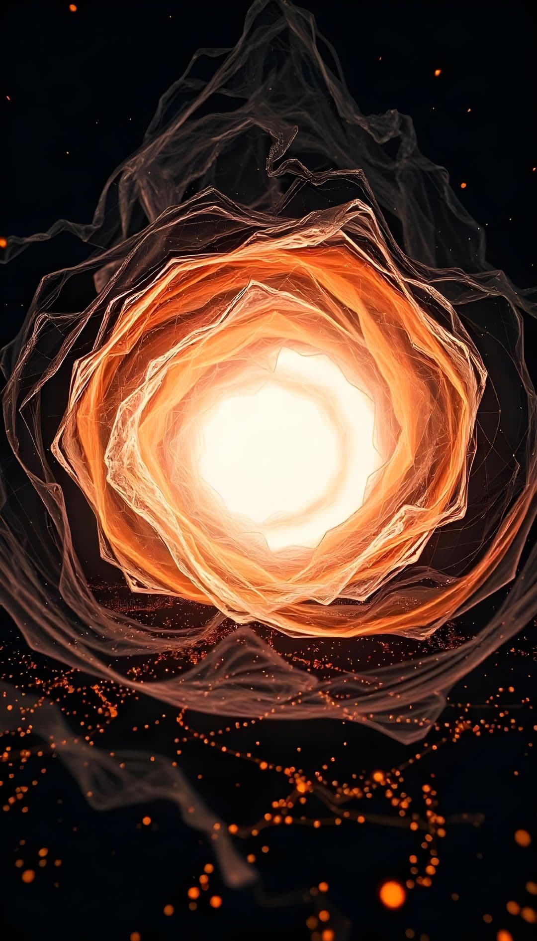 A vortex of glowing light with fabric-like textures and a starry background.