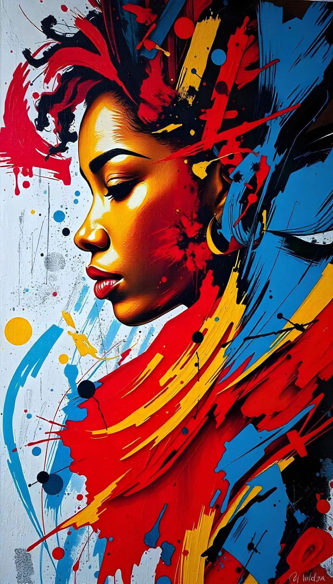 Portrait of a woman in profile with graffiti-style paint and vibrant colors.
