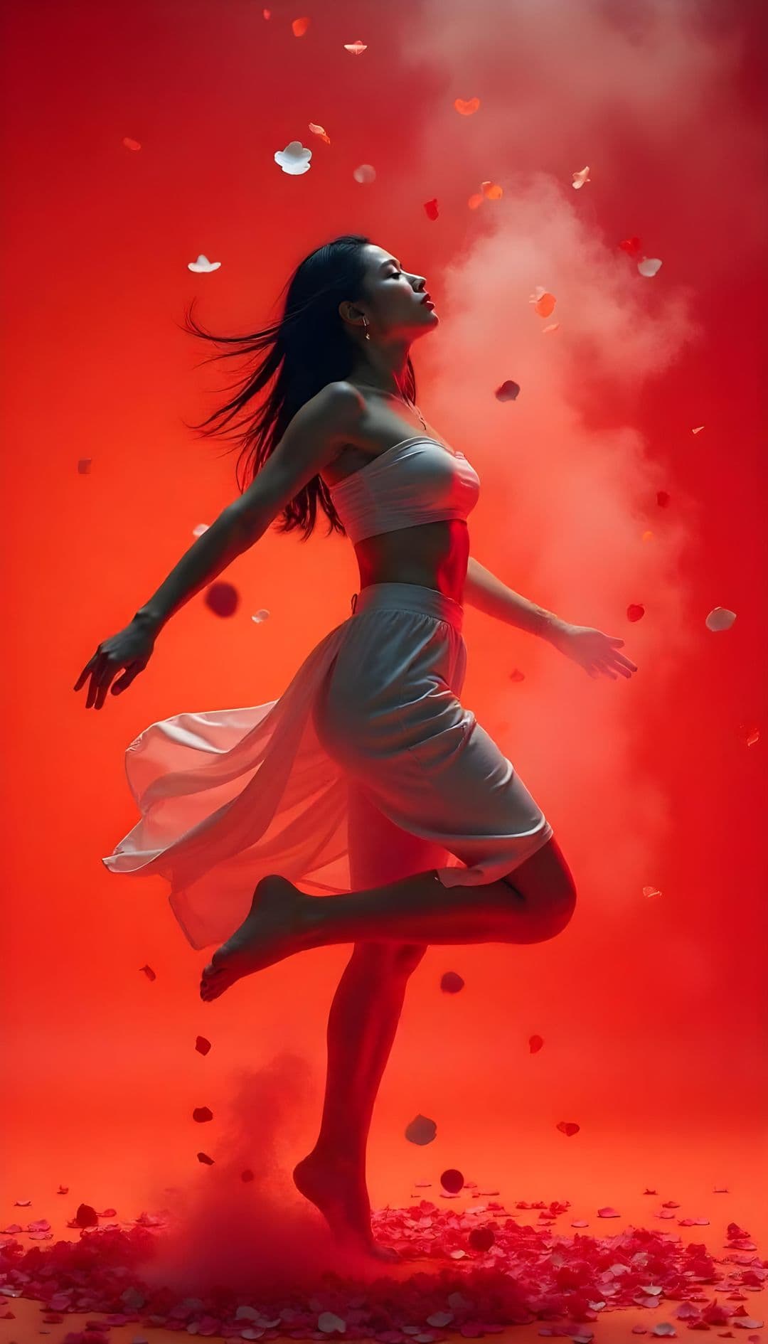 Woman in white dress midair with petals and smoke