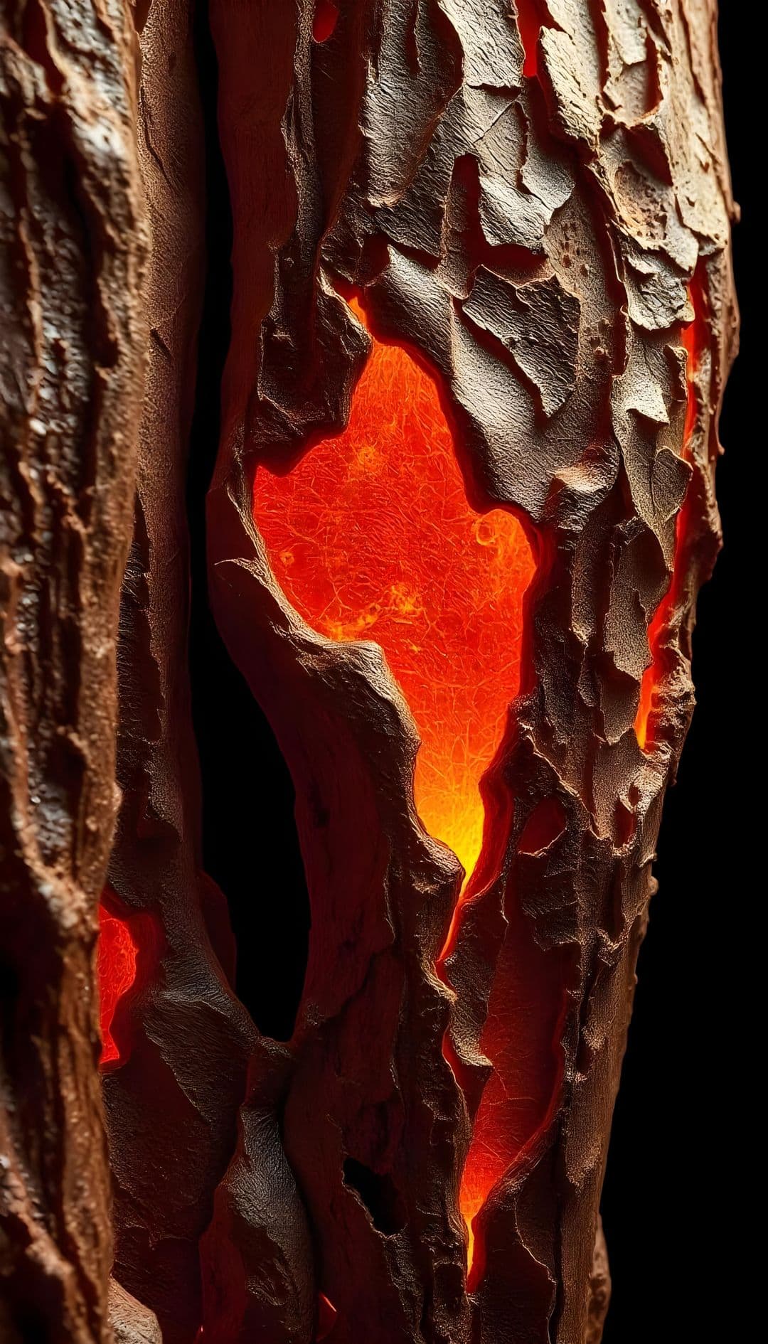 Close-up of bark with molten orange glow inside