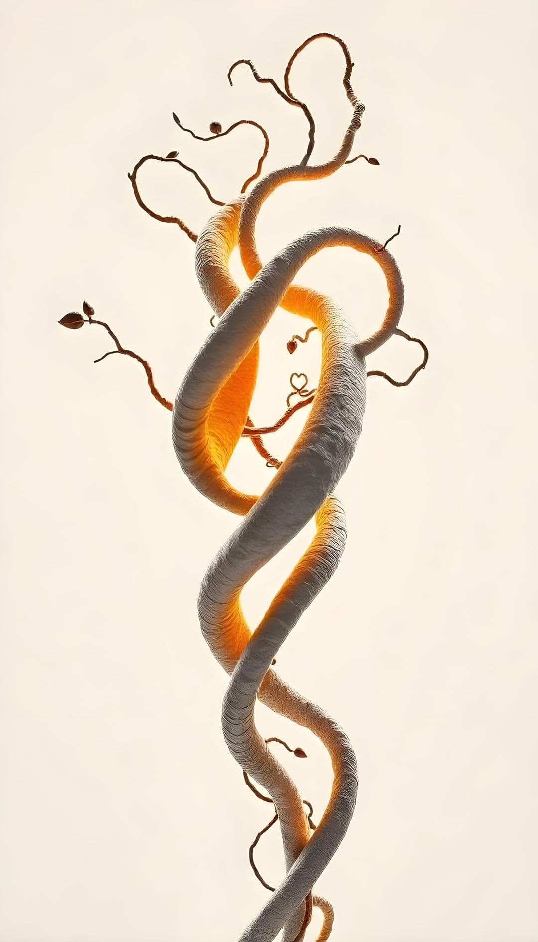 Intertwined vine structure with glowing oranges and yellows against a light background.