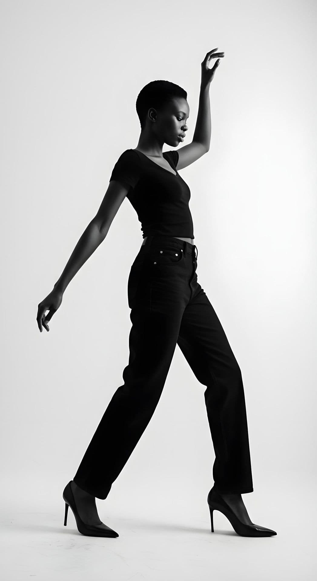 A black and white photo of a model in stylish black attire, posing elegantly.