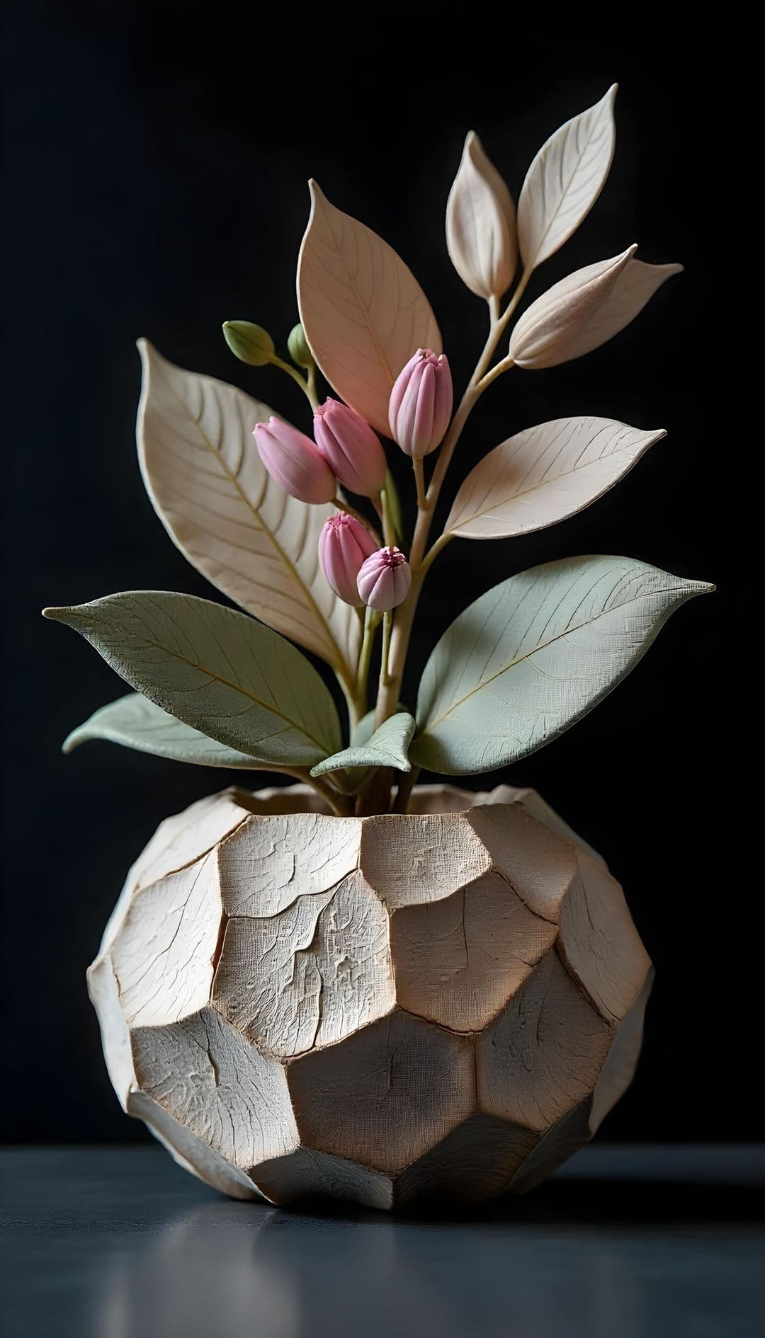 Textured vase with pink flowers and green leaves on dark background.