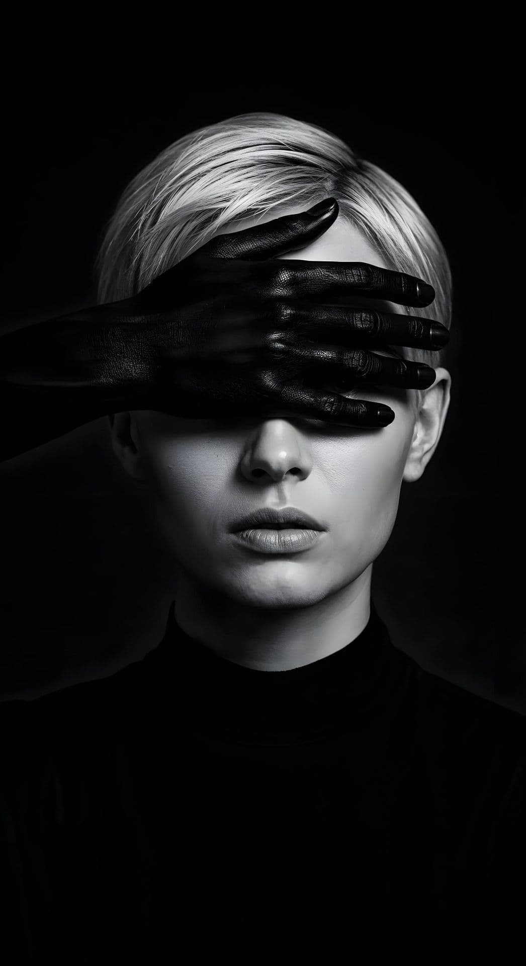 Black and white portrait with covered eyes.