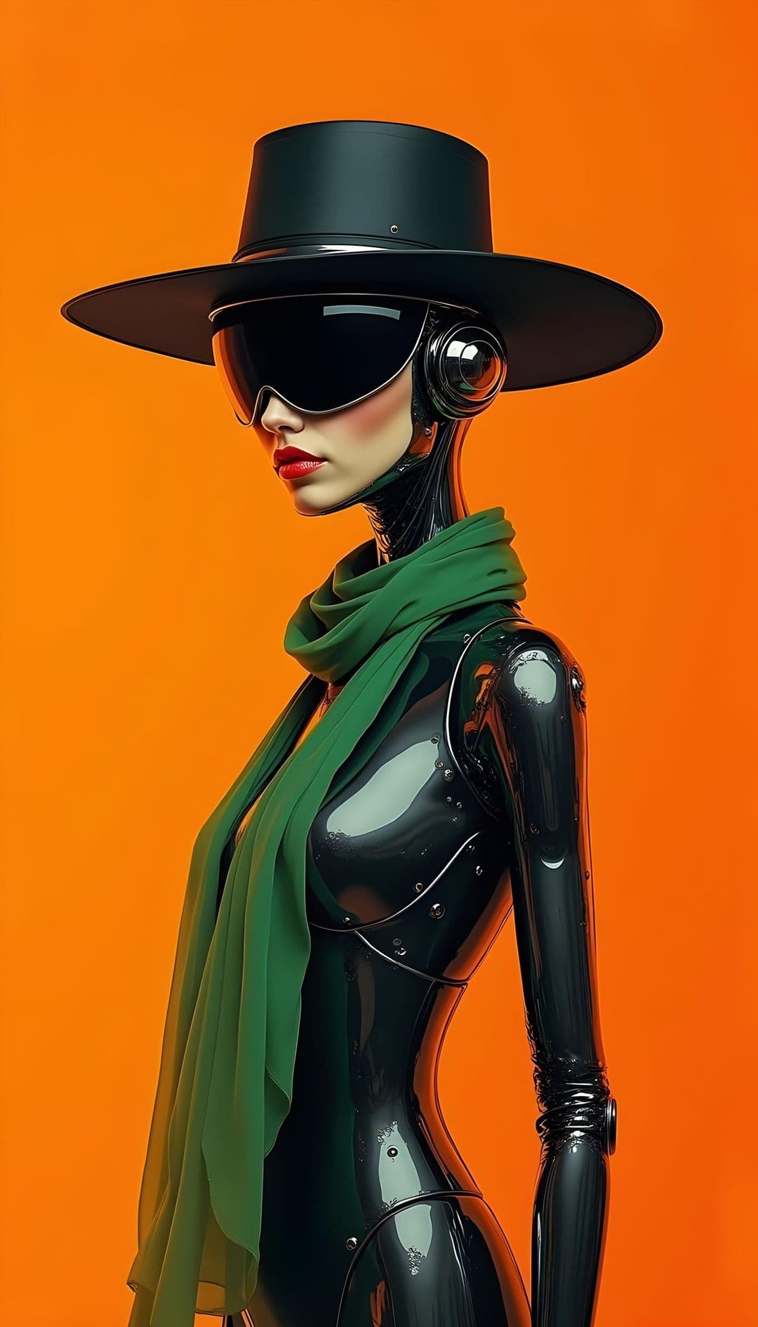 A futuristic figure with black attire, sunglasses, and a green scarf, on an orange background.