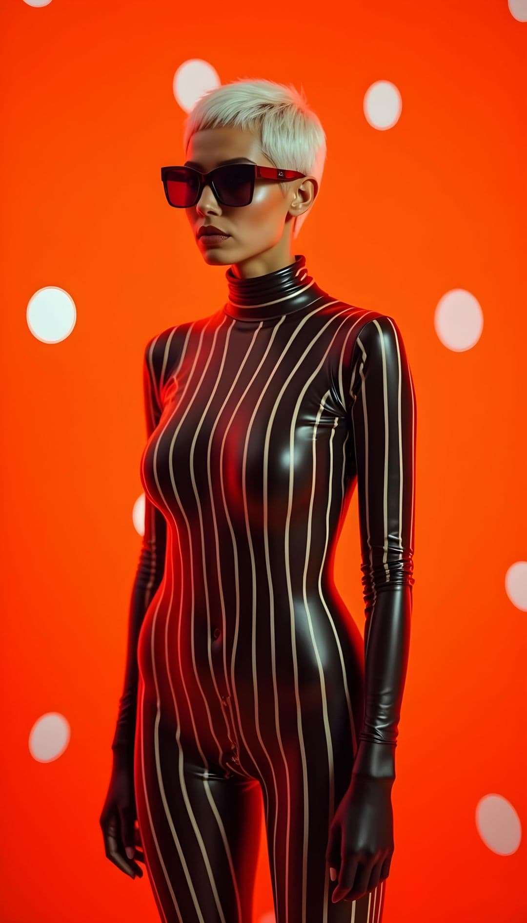 Model with white pixie haircut in black latex bodysuit against orange background with polka dots
