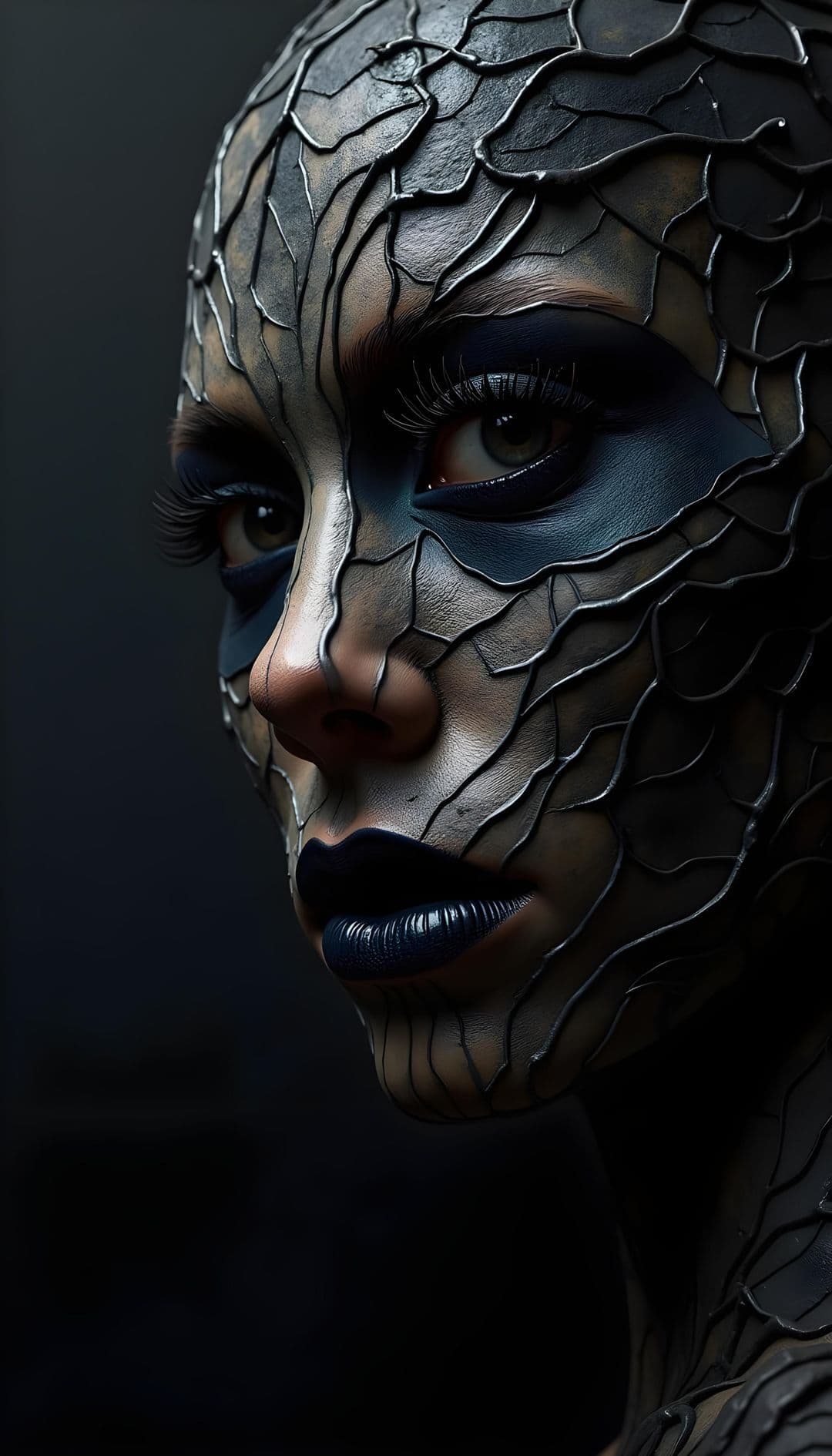 Portrait of a person with mosaic-like cracked skin and intense eye makeup, in blues and grays.